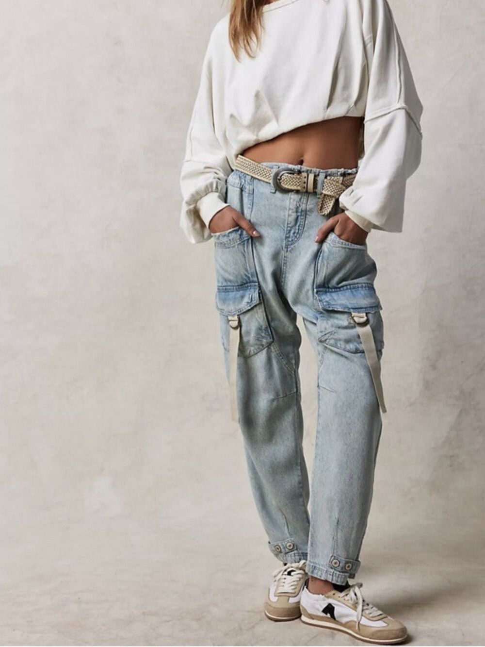 We The Free Free People Hazel Drop Waist Cargo Harem Jeans Light Wash S